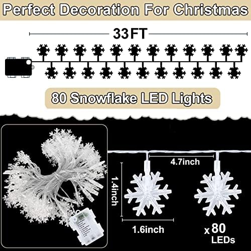 [טיימר ו -8 מצבים] קישוט אורות מיתר של פתית שלג לחג המולד, 33 רגל 80 LED סוללה מרחוק המופעל אורות פיות